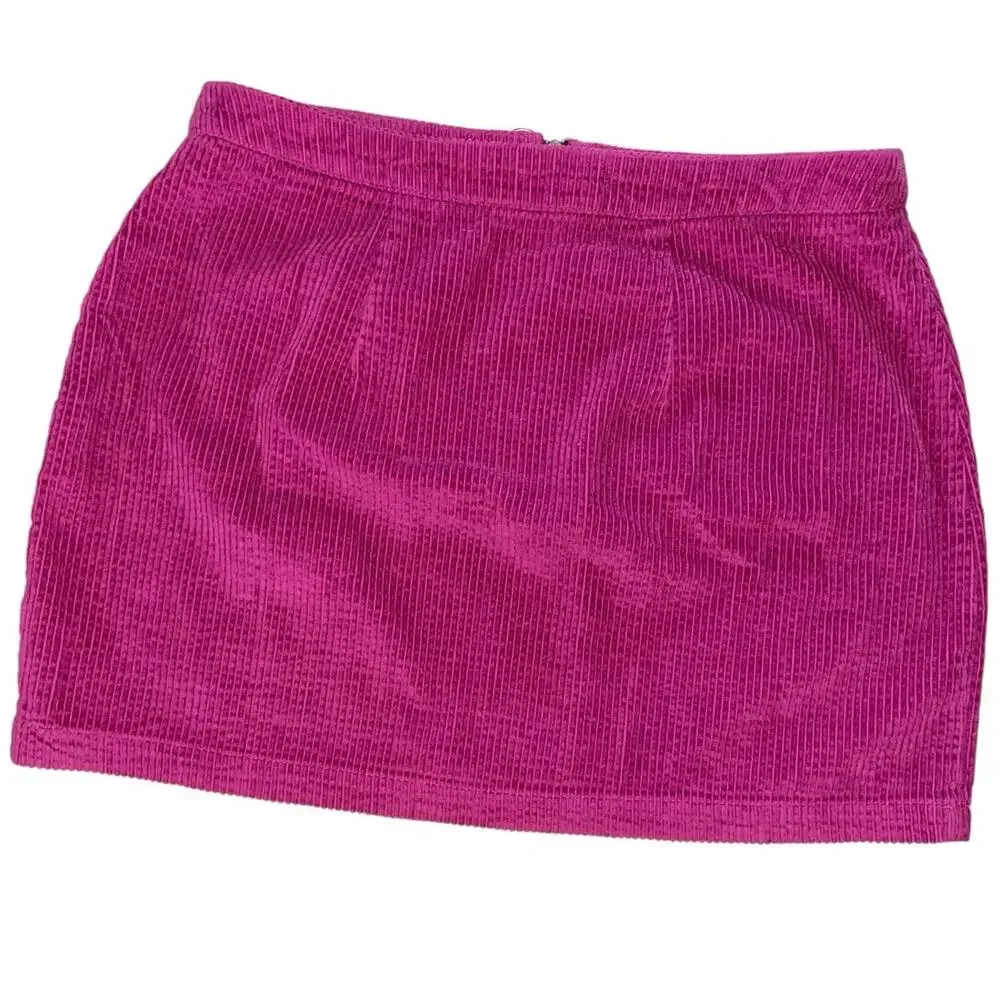 Fuchsia Pink Cotton Corduroy Center Zip Pocket Mini Skirt Medium
